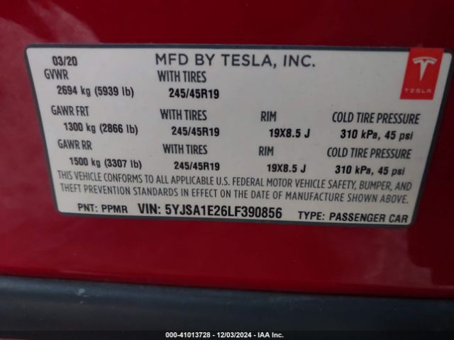 5YJSA1E26LF390856 Tesla Model S Long Range Dual Motor All-wheel Drive/long Range Plus Dual Motor All-wheel Drive