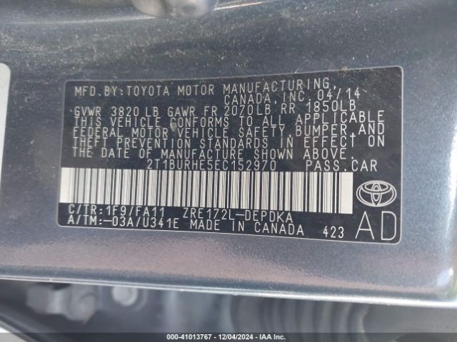 2T1BURHE5EC152970 Toyota COROLLA L