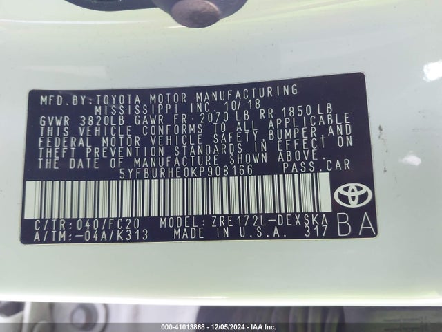 Toyota COROLLA SE 2019 5YFBURHE0KP908166 Image 8