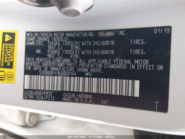 5TDBGRFH1KS059144 Toyota Highlander Hybrid Le