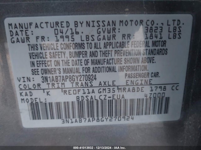 Nissan Sentra Fe+ S 2016 3N1AB7AP8GY270924 Image 9