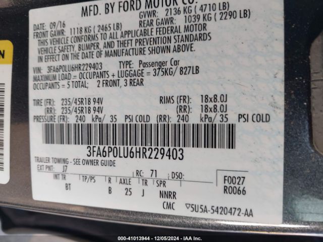 3FA6P0LU6HR229403 Ford Fusion Hybrid Se