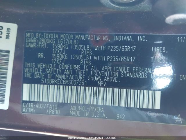 5TDBRKEC6MS007261 Toyota SIENNA LE