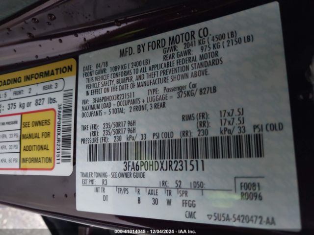 3FA6P0HDXJR231511 Ford FUSION SE