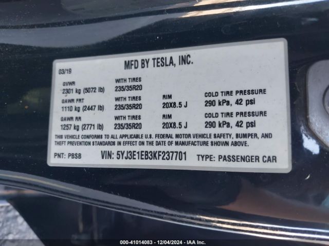 5YJ3E1EB3KF237701 Tesla Model 3 Long Range/performance