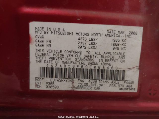 2009 MITSUBISHI GALANT 4A3AB56F69E008463 Photo 8