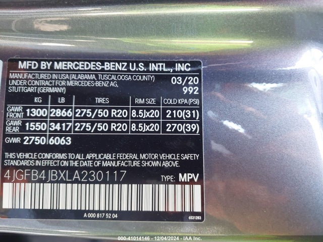4JGFB4JBXLA230117 Mercedes-Benz GLE 350