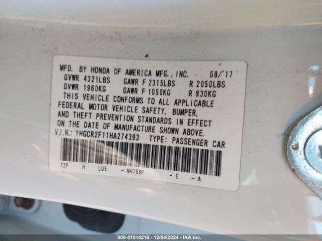1HGCR2F11HA274393 Honda Accord Sport Se