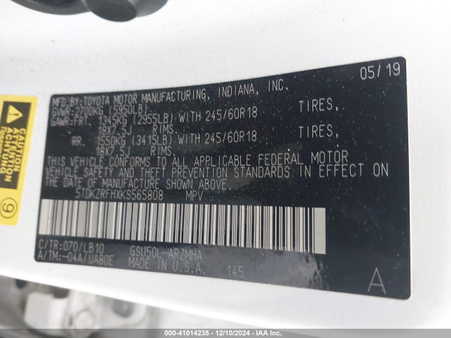 5TDKZRFHXKS565808 Toyota Highlander Xle