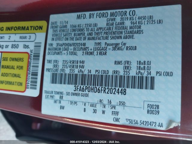 3FA6P0HD6FR202448 Ford FUSION SE