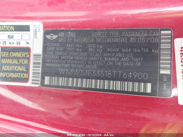 2008 MINI COOPER WMWMF33518TT64900 Photo 8