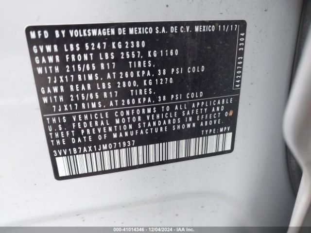 3VV1B7AX1JM071937 Volkswagen Tiguan 2.0t S