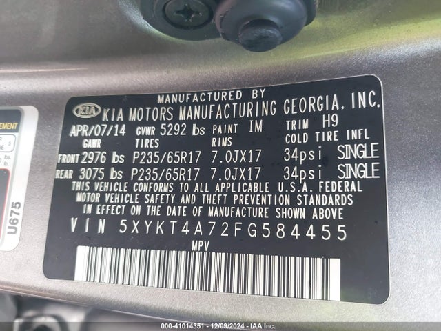 KIA Sorento Lx V6 2015 5XYKT4A72FG584455 Image 9