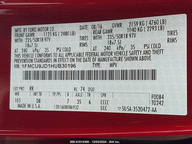 Ford Escape Titanium 2017 1FMCU9JD1HUB30196 Image 9