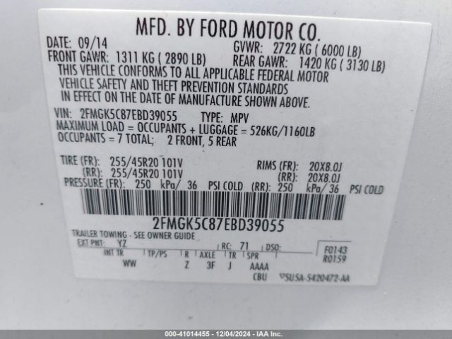 2FMGK5C87EBD39055 Ford FLEX SEL