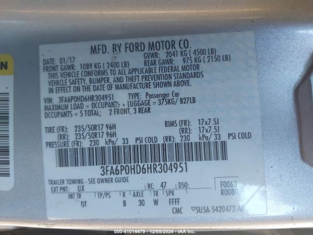 3FA6P0HD6HR304951 Ford FUSION SE