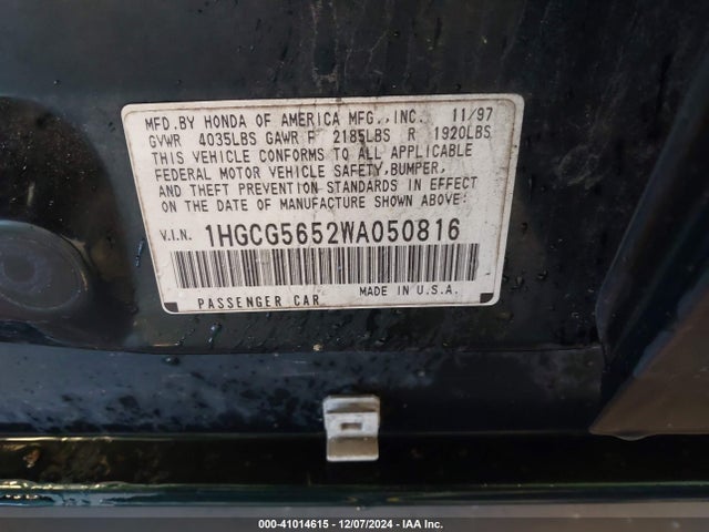 41014615 :رقم المزاد ، 1HGCG5652WA050816 vin ، 1998 Honda Accord Ex مزاد بيع