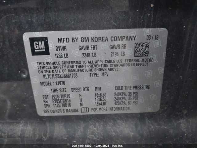 KL7CJLSBXJB681703 Chevrolet Trax Lt