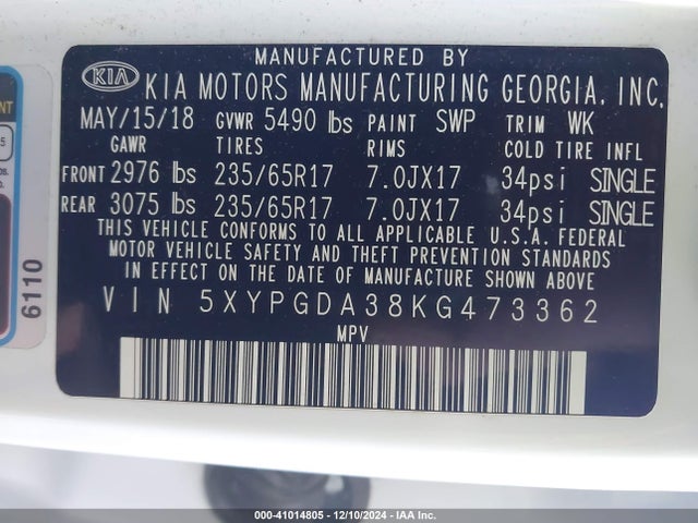 5XYPGDA38KG473362 KIA Sorento 2.4l Lx