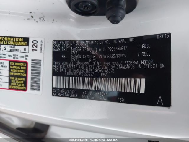 5TDYK3DC9FS595827 Toyota Sienna Xle 8 Passenger
