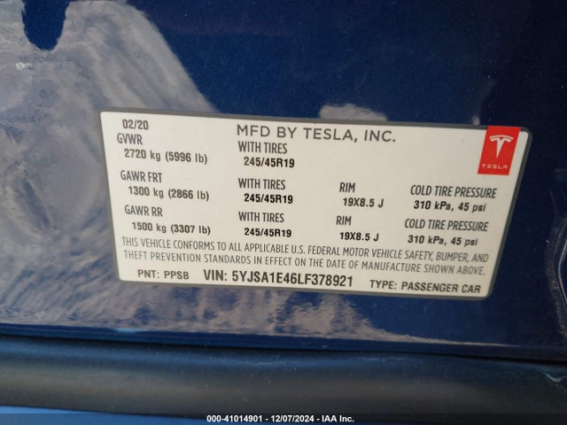 2020 TESLA MODEL S 5YJSA1E46LF378921 Photo 8