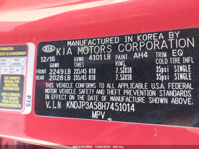 KIA SOUL + 2017 KNDJP3A58H7451014 Image 9