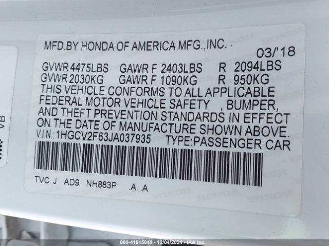 1HGCV2F63JA037935 Honda Accord Ex-l 2.0t