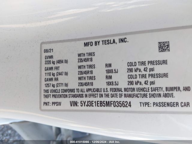 5YJ3E1EB5MF035624 Tesla Model 3 Long Range Dual Motor All-wheel Drive