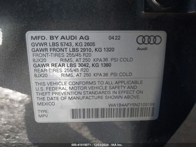 WA1B4AFY5N2105199 Audi Sq5 Premium Plus Tfsi Quattro Tiptronic