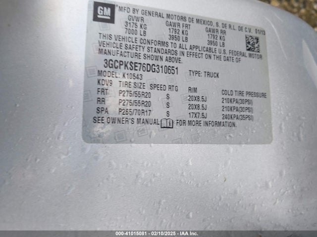 41015081 :رقم المزاد ، 3GCPKSE76DG310651 vin ، 2013 Chevrolet Silverado 1500 Lt مزاد بيع