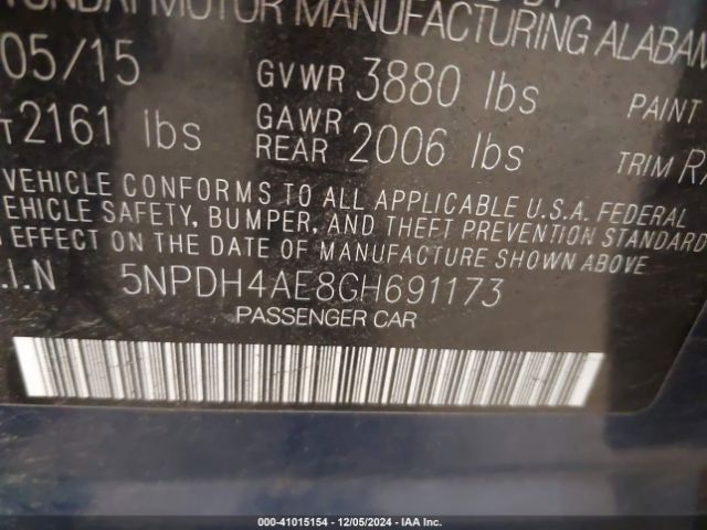 5NPDH4AE8GH691173 Hyundai ELANTRA SE
