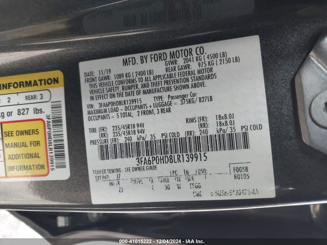 Ford FUSION SE 2020 3FA6P0HD8LR139915 Image 9