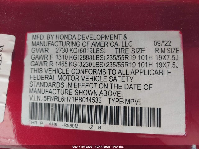 5FNRL6H71PB014536 Honda Odyssey Sport