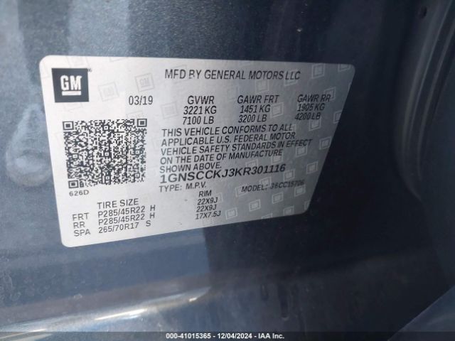 1GNSCCKJ3KR301116 Chevrolet Tahoe Premier