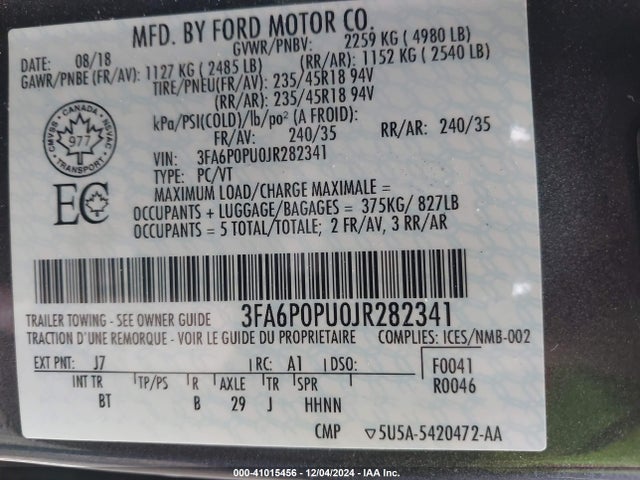 3FA6P0PU0JR282341 Ford Fusion Energi Se Luxury