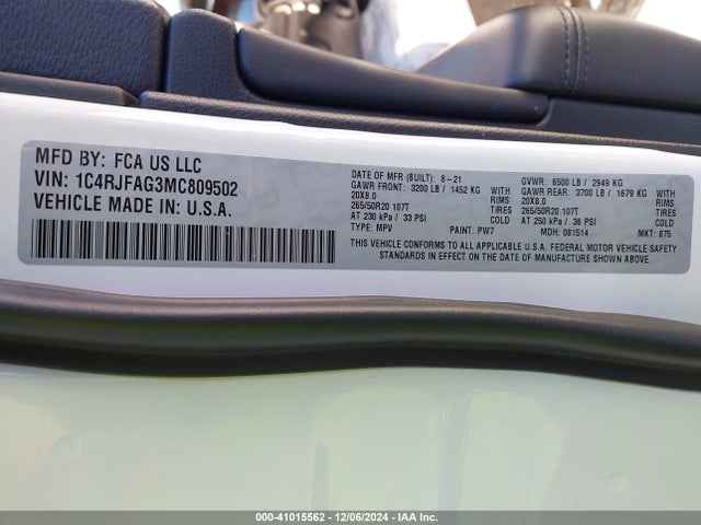 1C4RJFAG3MC809502 Jeep Grand Cherokee Laredo X 4x4