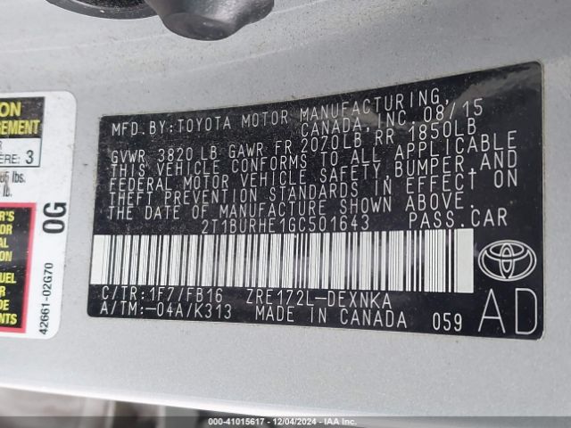 2T1BURHE1GC501643 Toyota COROLLA LE