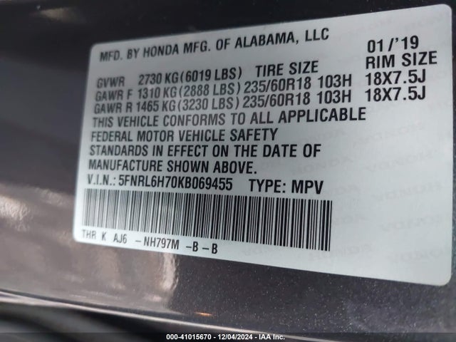 Honda Odyssey Ex-l 2019 5FNRL6H70KB069455 Image 9