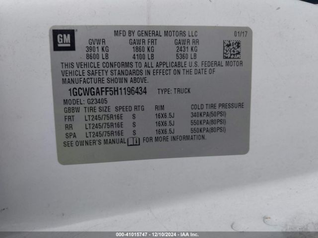 1GCWGAFF5H1196434 Chevrolet Express 2500 Work Van