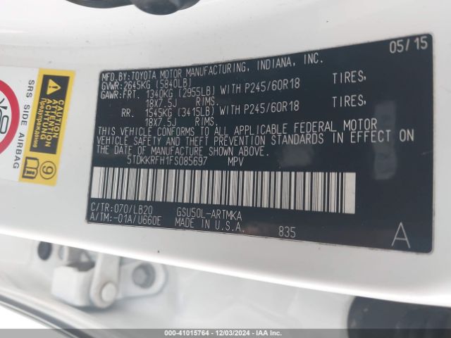 5TDKKRFH1FS085697 Toyota Highlander Xle V6