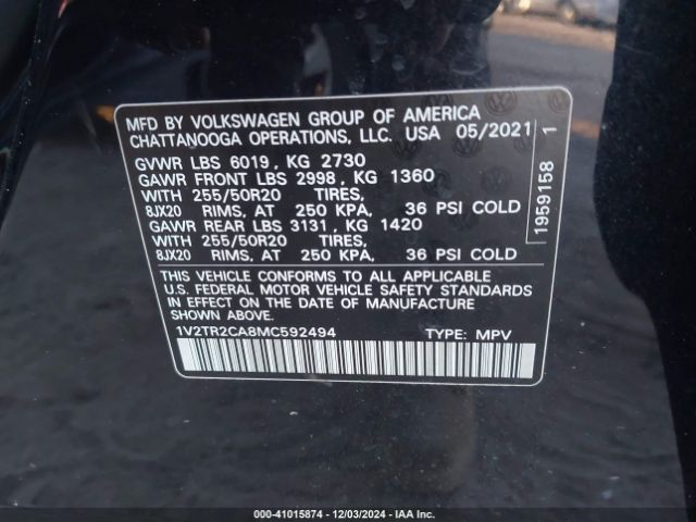 1V2TR2CA8MC592494 Volkswagen Atlas 3.6l V6 Sel Premium
