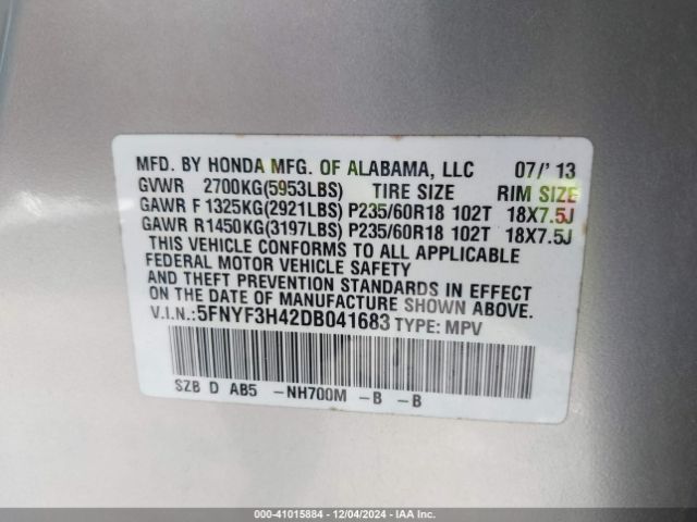 2013 HONDA PILOT 5FNYF3H42DB041683 Photo 8