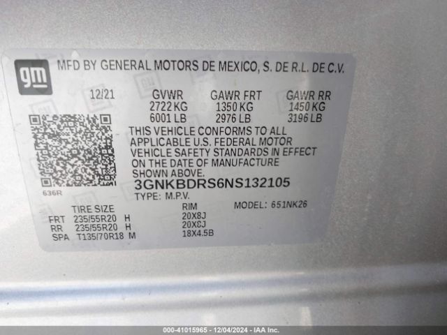 3GNKBDRS6NS132105 Chevrolet Blazer Fwd 3lt