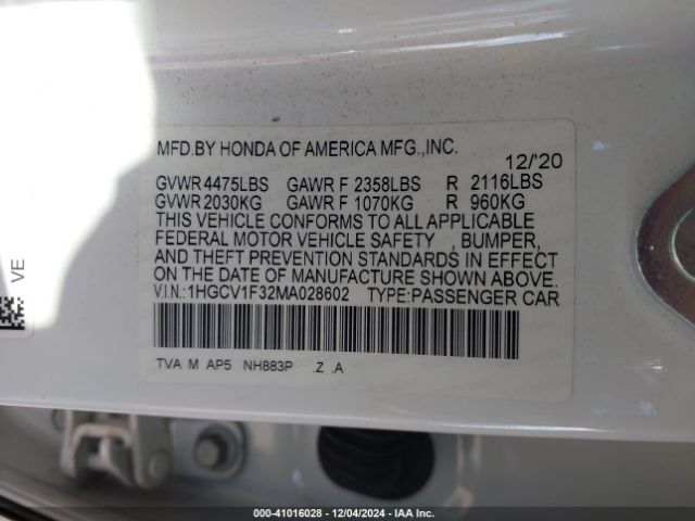 2021 HONDA ACCORD 1HGCV1F32MA028602 Photo 8