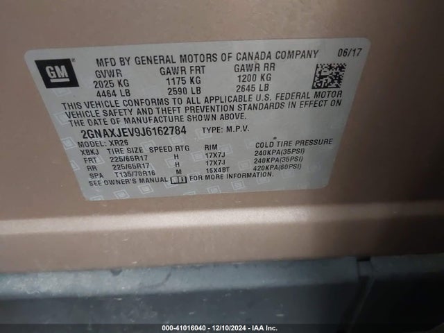 2GNAXJEV9J6162784 Chevrolet EQUINOX LT