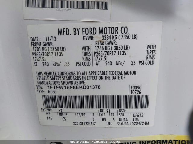41016150 :رقم المزاد ، 1FTFW1EF8EKD01378 vin ، 2014 Ford F-150 Xl مزاد بيع