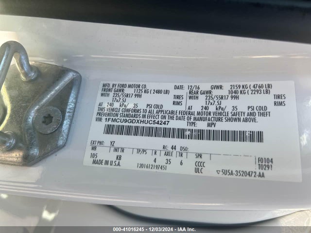 Ford ESCAPE SE 2017 1FMCU9GDXHUC54247 Image 9