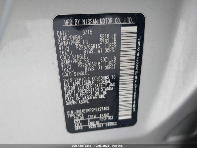 JN8AE2KP9F9127463 Nissan Quest Platinum/s/sl/sv