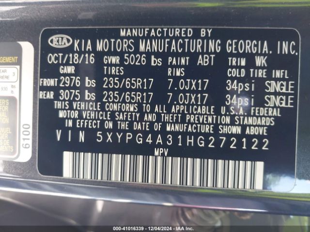 5XYPG4A31HG272122 KIA Sorento 2.4l Lx