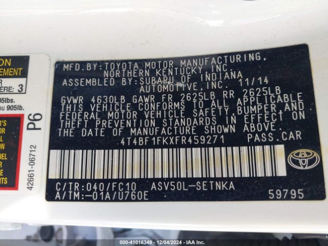 4T4BF1FKXFR459271 Toyota CAMRY LE